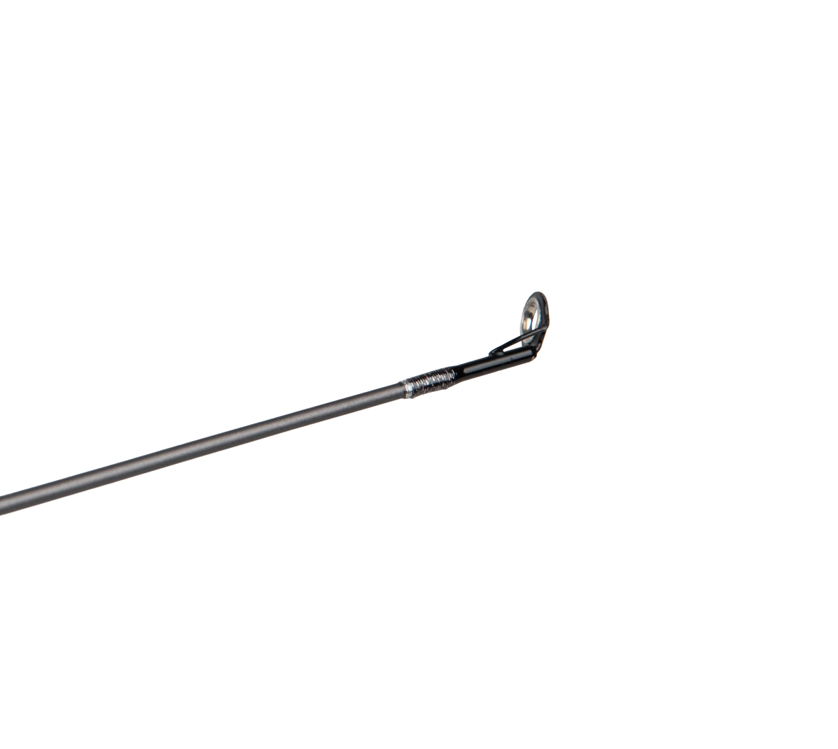 Close-up of Profishiency Shadowcast baitcast rod tip showing stainless steel guide and blank on black background