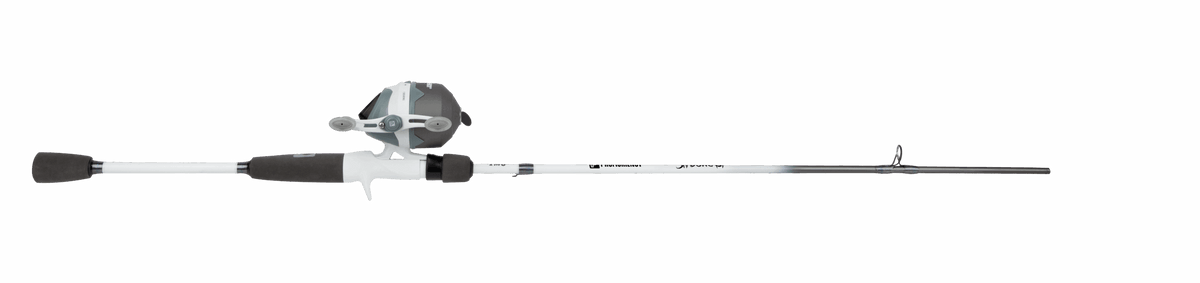 Side view of Profishiency Shadowcast Spincast Combo showcasing spincast reel, foam handle grips, and slim graphite rod on gray background
