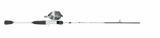 Side view of Profishiency Shadowcast Spincast Combo showcasing spincast reel, foam handle grips, and slim graphite rod on gray background