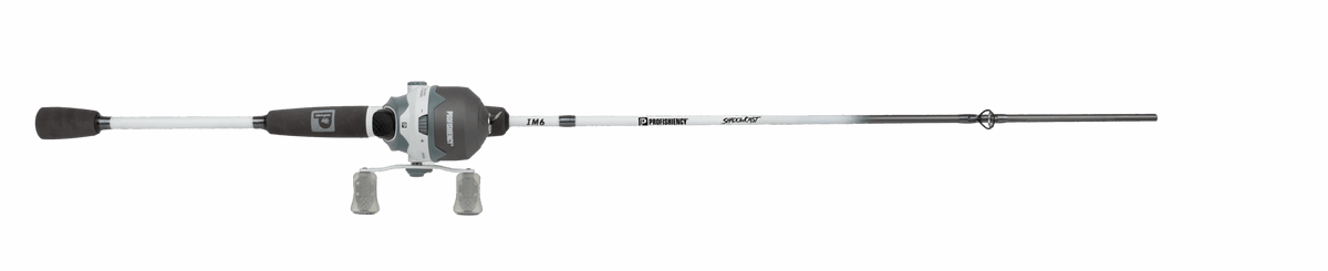 Side view of Profishiency Shadowcast spincast combo showing spincast reel, ergonomic split-grip handle, and IM6 graphite rod on white background