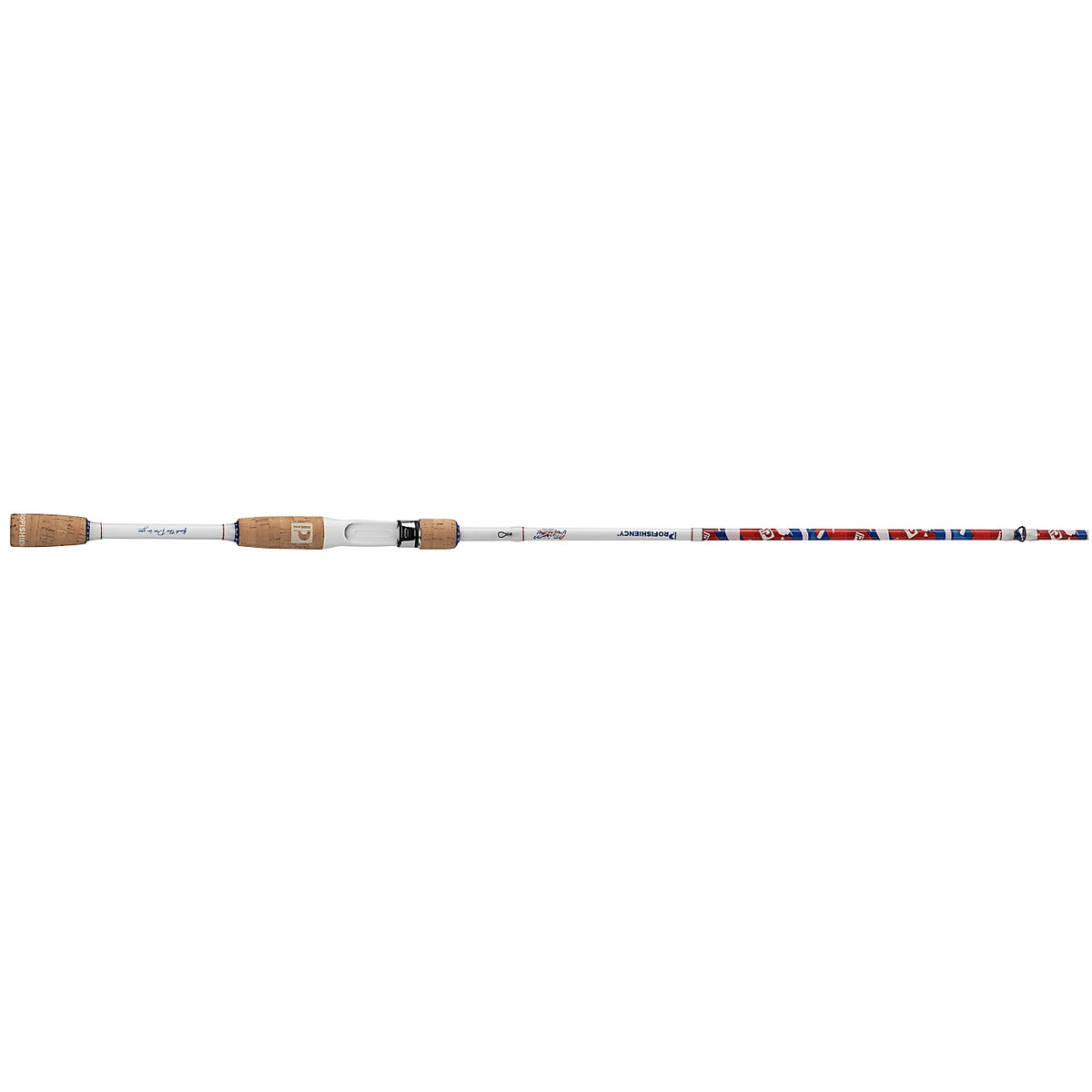 Profile of Profishiency Krazy Americana casting rod with cork split grips and patterned shaft on white background