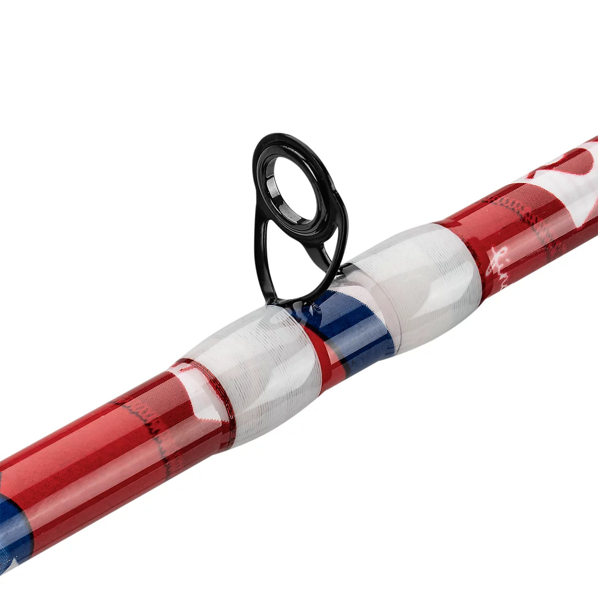 Close-up of Profishiency Krazy Americana casting rod showcasing a black guide and red, white, and blue thread wraps on white