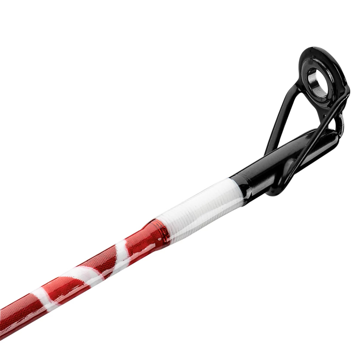 Close-up of Krazy Americana casting rod tip showing black guide and red-and-white striped blank on white background