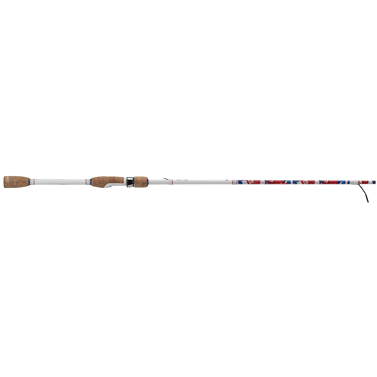 Side view of Krazy Americana spinning rod with cork split grips, white blank, and red-white-blue patterned tip on white background