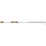 Side view of Krazy Americana spinning rod with cork split grips, white blank, and red-white-blue patterned tip on white background