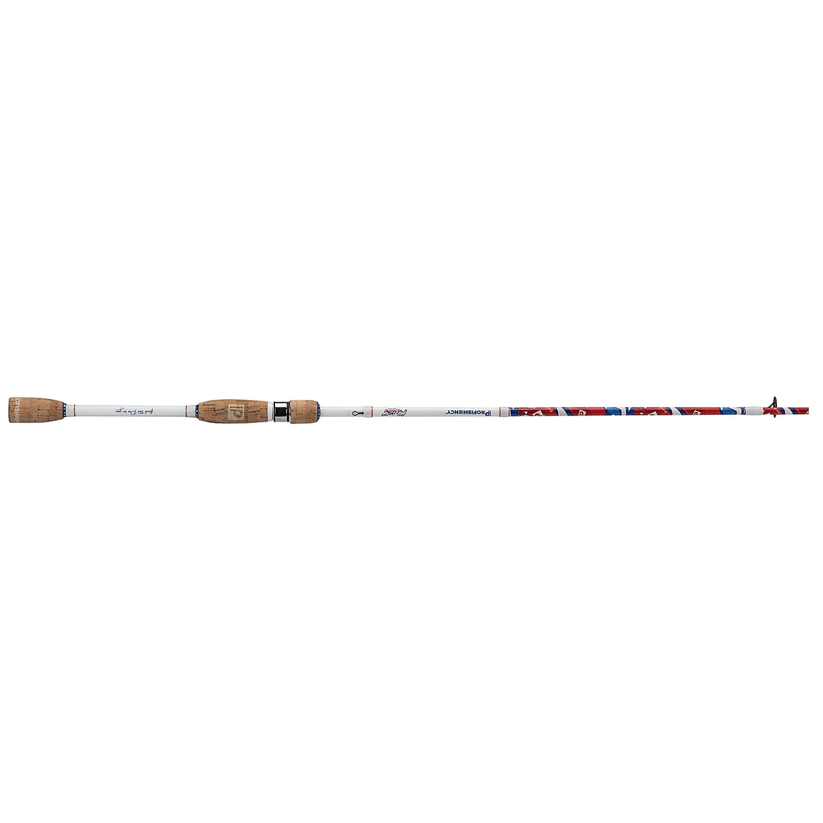 Side view of Profishiency Krazy Americana spinning rod with white IM7 graphite blank, cork split grips, and red-blue Americana pattern on white background