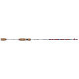 Side view of Profishiency Krazy Americana spinning rod with white IM7 graphite blank, cork split grips, and red-blue Americana pattern on white background
