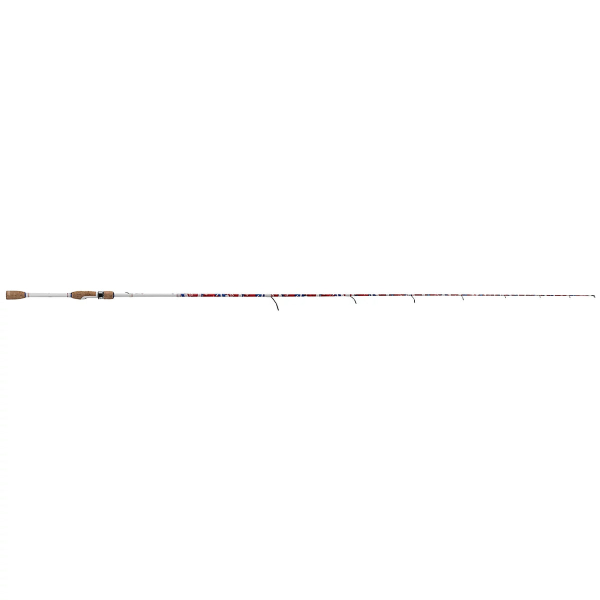 Side view of Profishiency Krazy Americana spinning rod with cork split grips, Americana pattern and stainless guides on white
