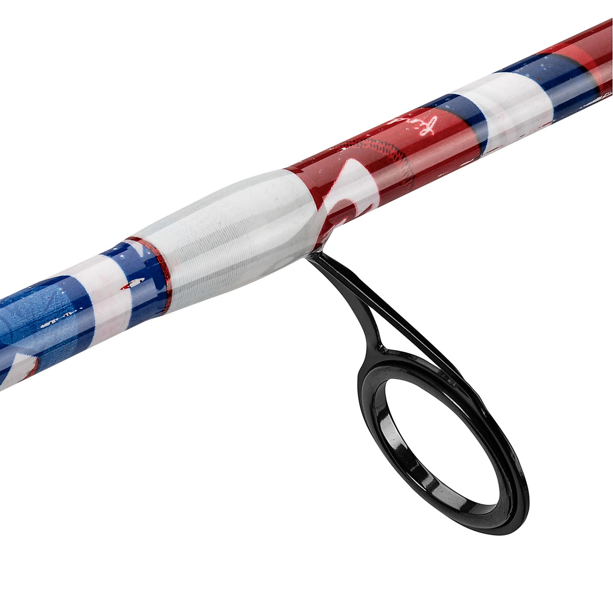 Spinning rod guide and eyelet on rod blank with red, white and blue Americana wrap
