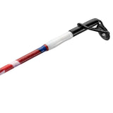 Close-up of Krazy Americana spinning rod tip showing stainless-steel guide and red, white, and blue wrap on white background