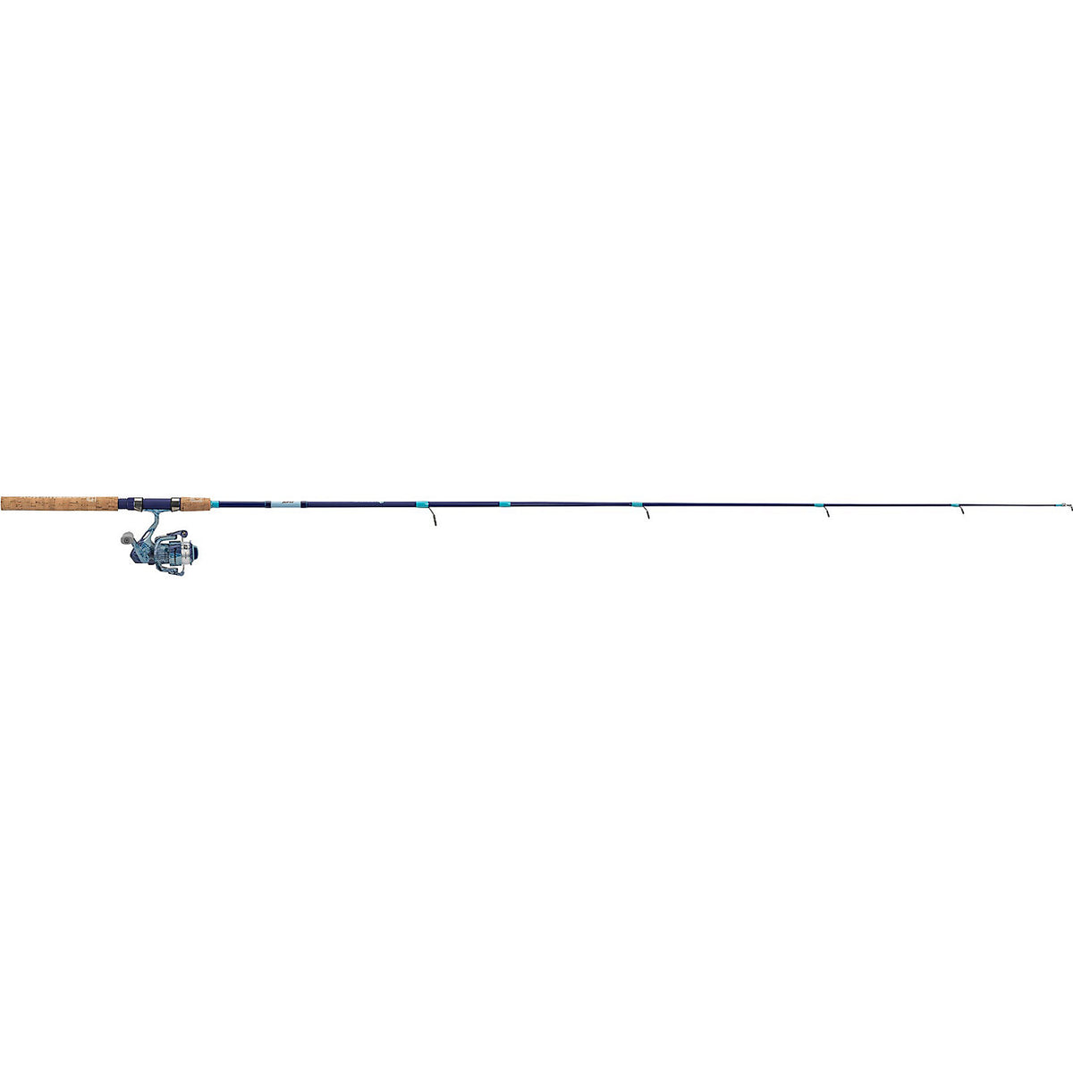 Side view of Profishiency Krazy Kool spinning combo showing cork handle, navy rod with teal trim and attached spinning reel