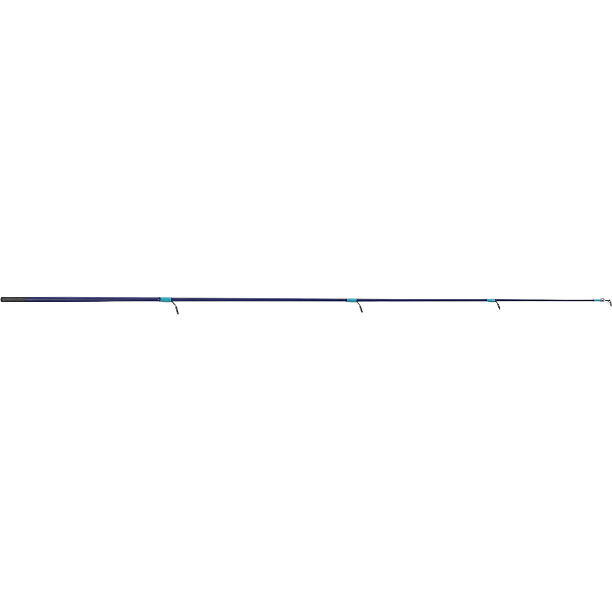 Side view of Profishiency Krazy Kool spinning rod showcasing blue blank, cork grip, and line guides on white background