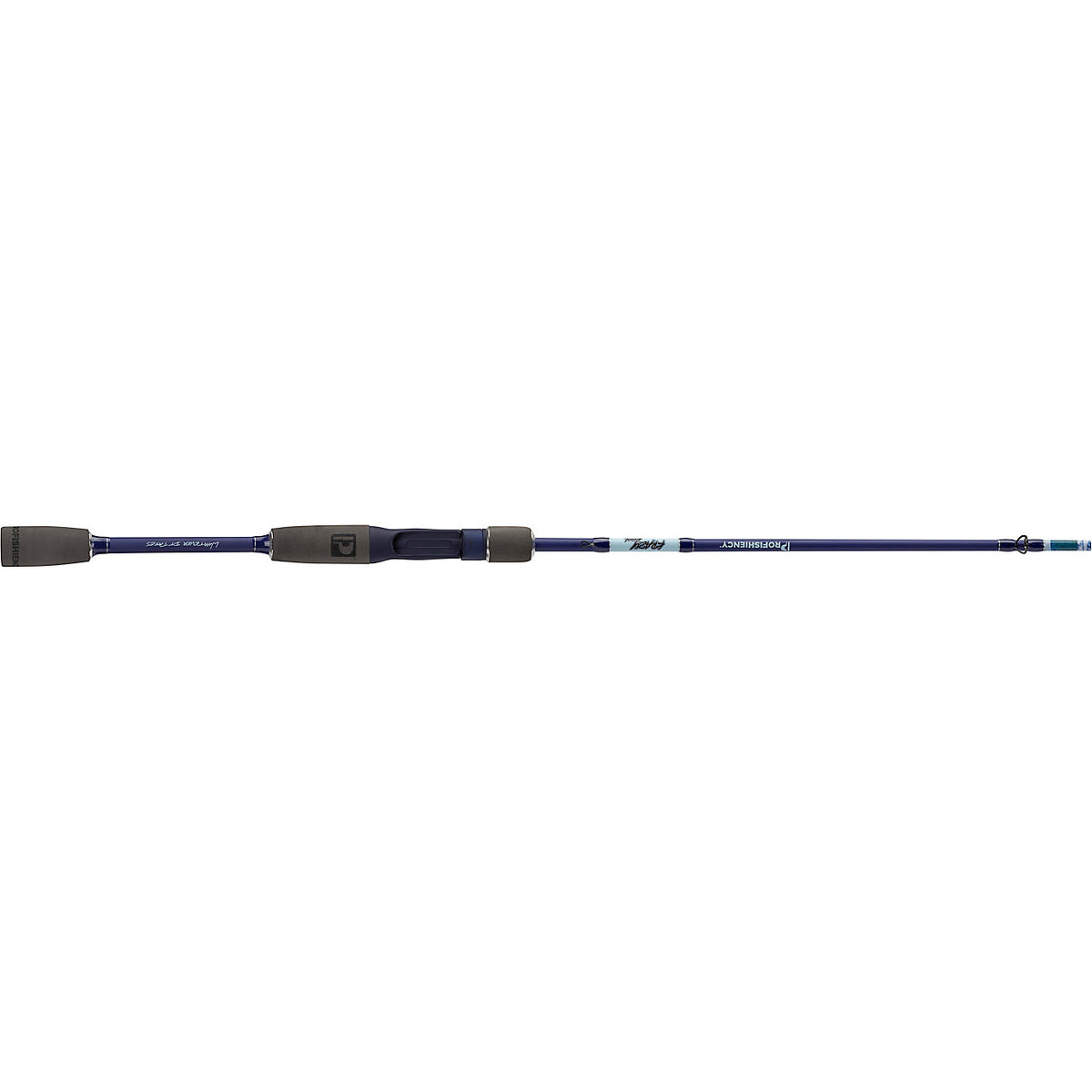 Side view of Profishiency Krazy Kool spinning rod showcasing cork split grips and stainless steel guides on white background