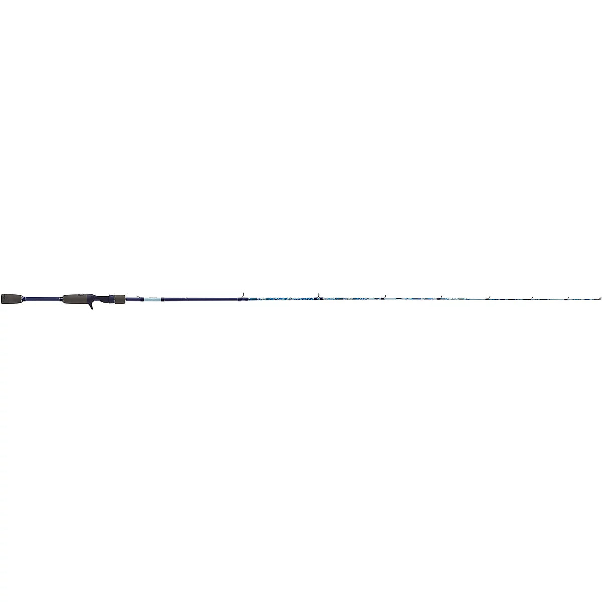 Full-length side view of Profishiency Krazy Kool spinning rod showing cork split grip and stainless steel guides on white background