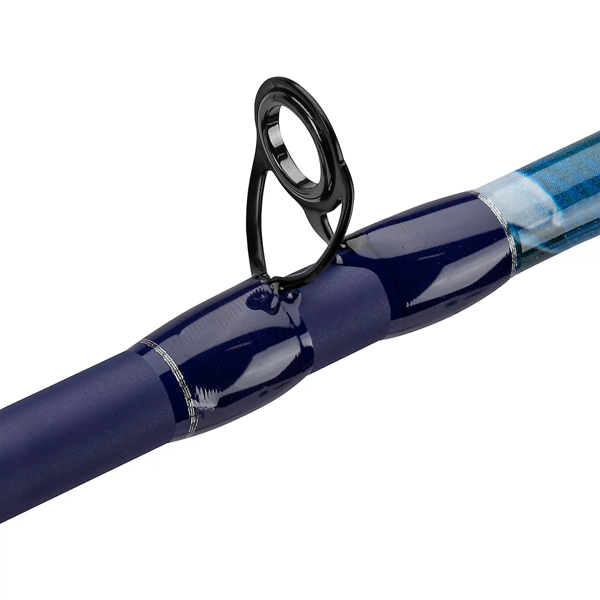 Close-up of Krazy Kool casting rod guide showing black stainless steel guide and glossy blue wrapped blank on white background