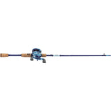 Side view of Profishiency Krazy Kool baitcast combo showcasing blue low-profile reel and cork grips on white background