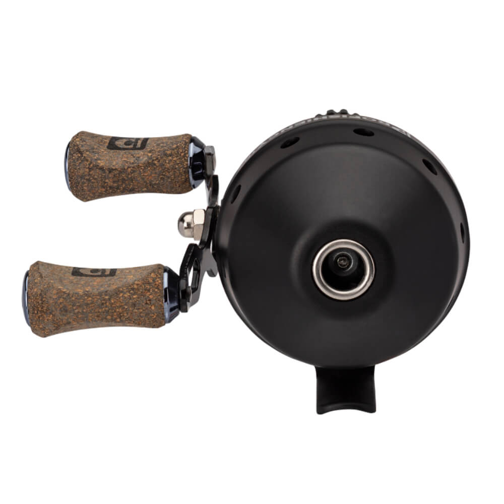 Black baitcasting reel with two cork handle grips, side view