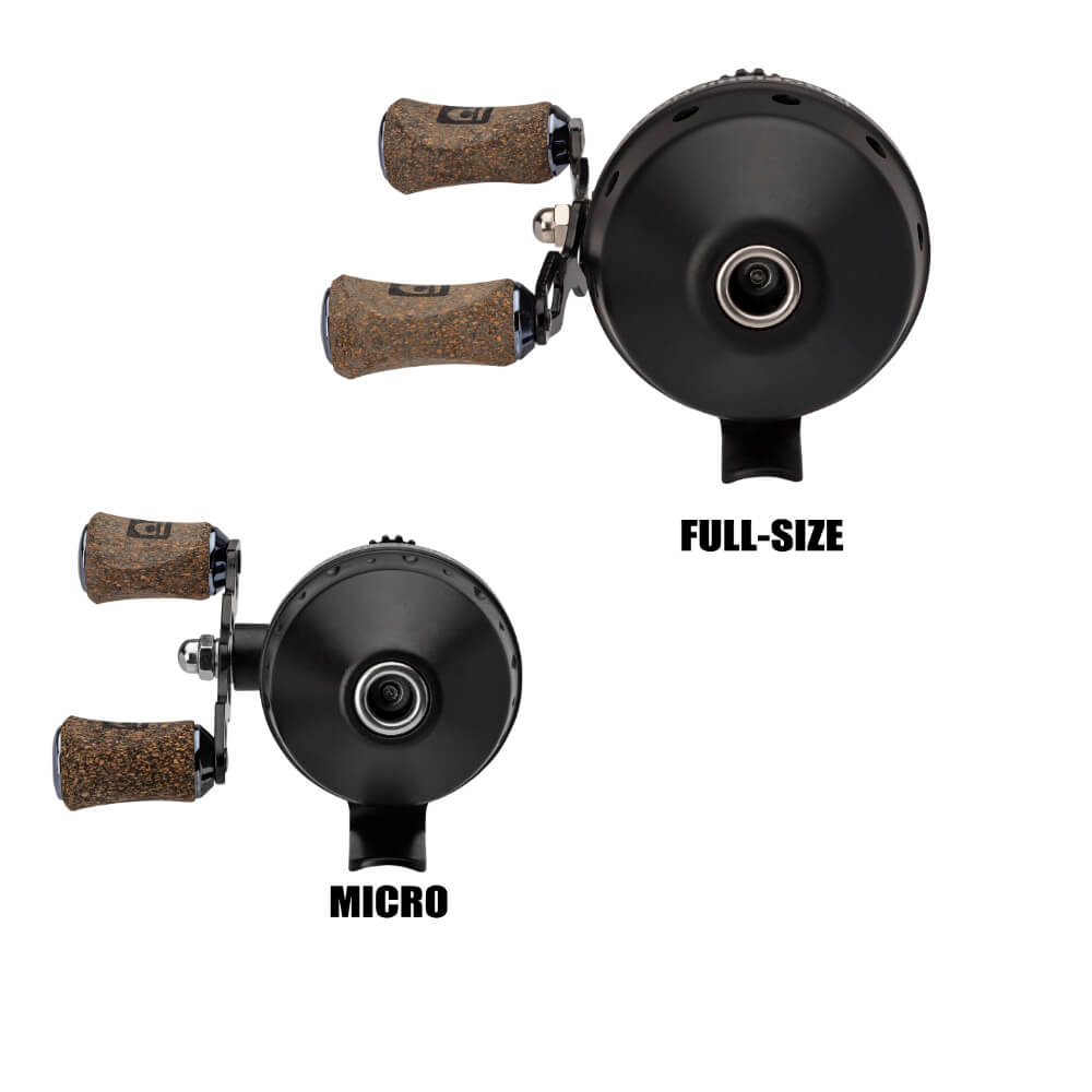 Front view of two black baitcasting reels with cork handles labeled FULL-SIZE and MICRO