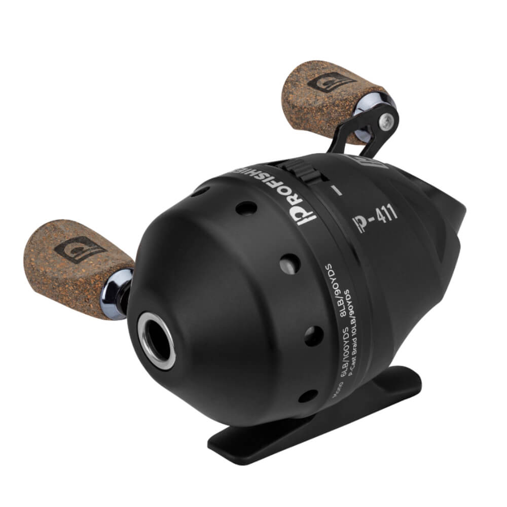 Black Profishiency P-411 baitcasting reel with cork paddle handles; visible text P-411, 6LB/100YDS, 8LB/90YDS
