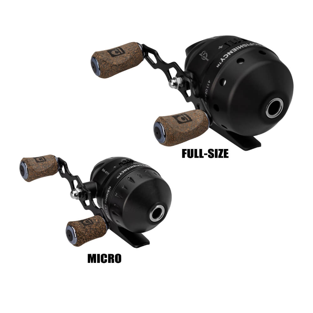 Profishiency two black casting reels (FULL-SIZE and MICRO) with cork grips, 2-for-1 size comparison.