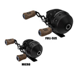 Profishiency two black casting reels (FULL-SIZE and MICRO) with cork grips, 2-for-1 size comparison.
