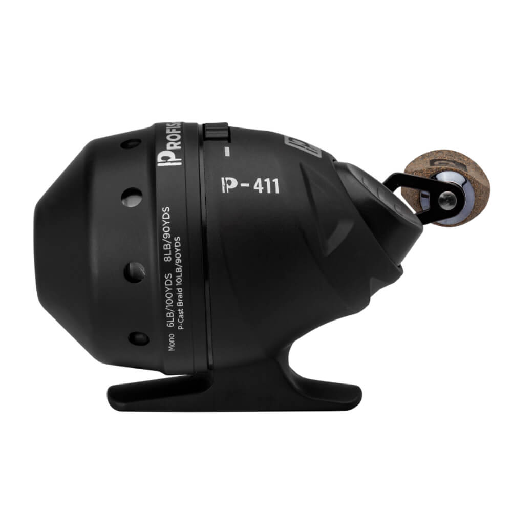 Profishiency P-411 black closed-face reel with cork knob; markings: Mono 6LB/100YDS 8LB/90YDS P-cast braid 10LB/80YDS
