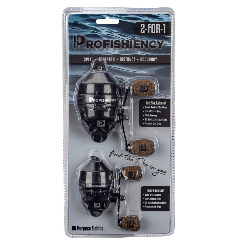 Profishiency 2-FOR-1 pack with full-size and micro spincast fishing reels, cork grips; 'find the Pro in you'