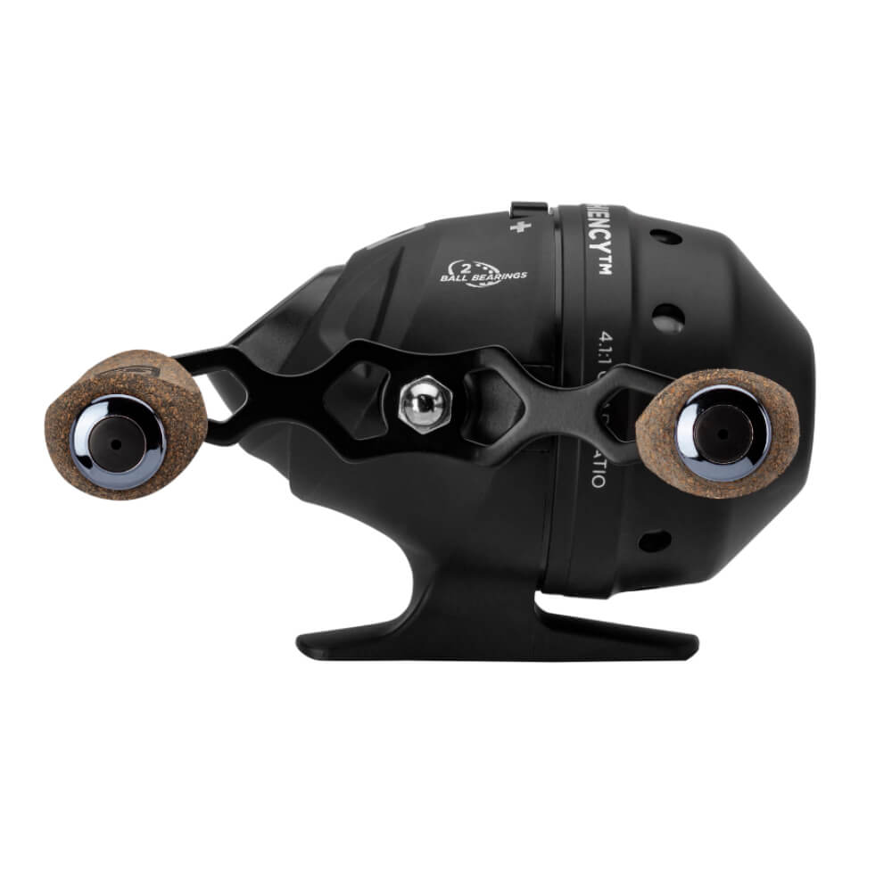 Black baitcasting reel with cork twin handles, showing text '2 BALL BEARINGS', '4.1:1 RATIO', 'ENCY TM'.