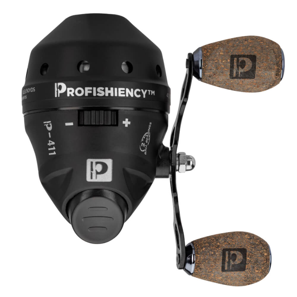PROFISHIENCY™ closed-face fishing reel P p-411 with cork double handles, + - adjustment, 2 BALL BEARINGS visible