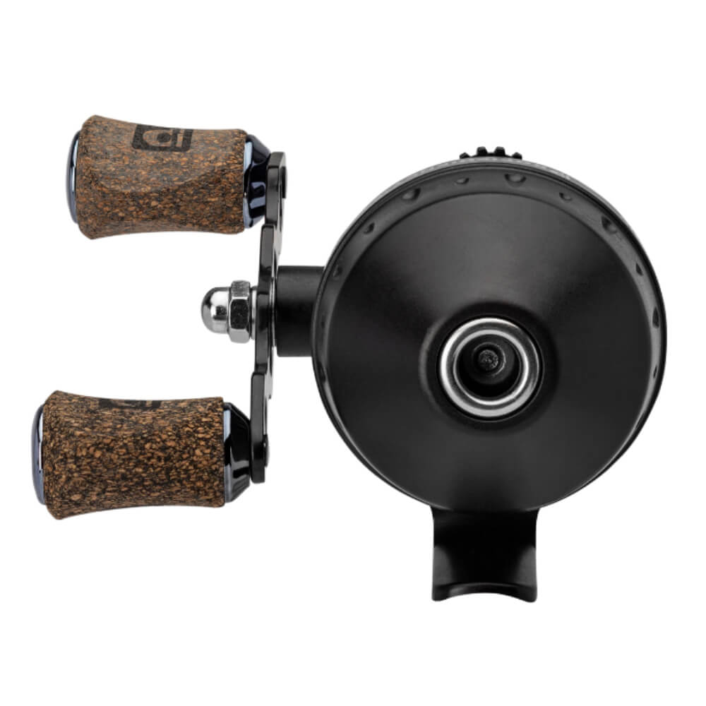 Baitcasting reel handle with two cork knobs and a round black spool housing, top view