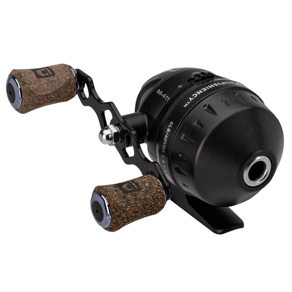Black PROFISHIENCY baitcasting reel with cork dual paddle handles, model M411
