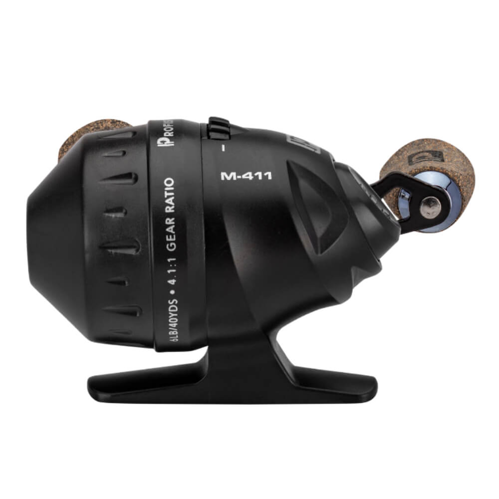 Black micro fishing reel, model M-411, labeled 6LB/40YDS 4.1:1 GEAR RATIO