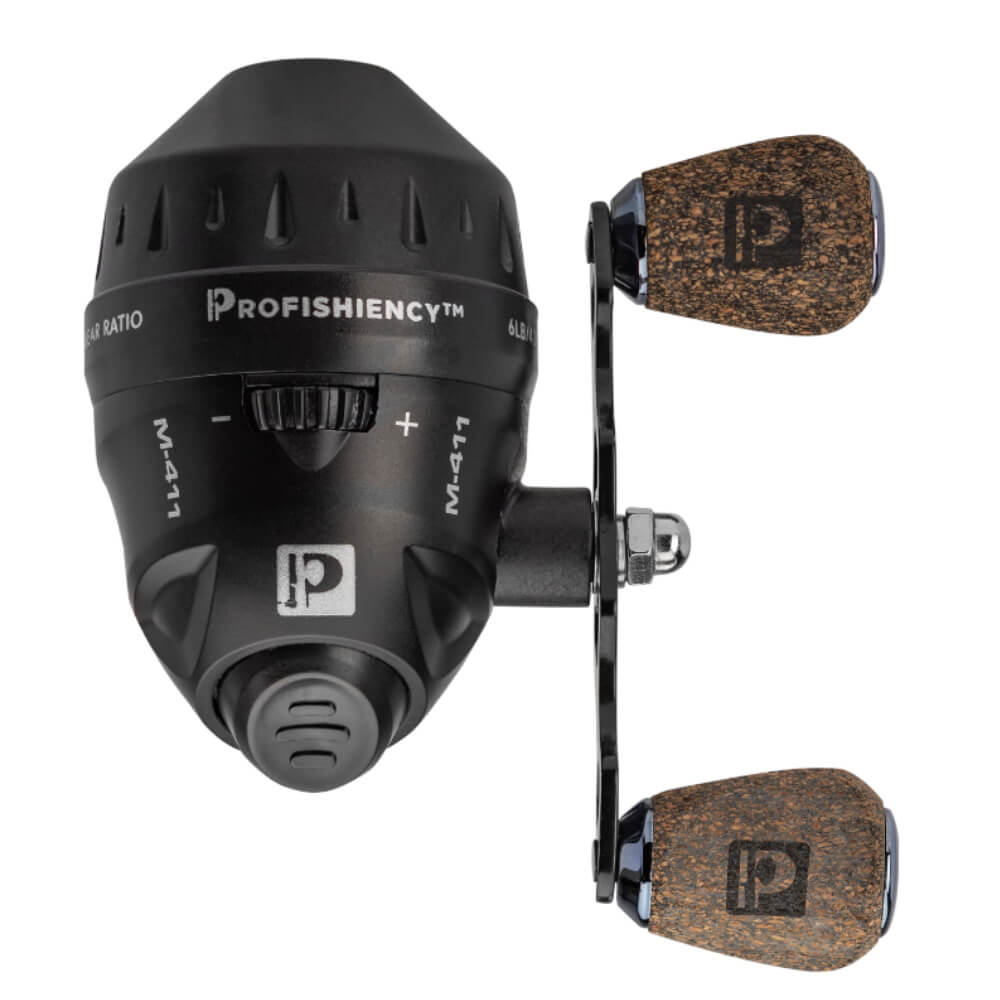 PROFISHIENCY™ M-411 microtop reel with cork 'P' handle grips; GEAR RATIO marking