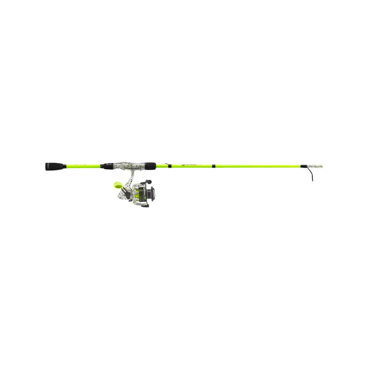 Neon-yellow youth spinning rod with matching speckled white-camo spinning reel, full-length horizontal view