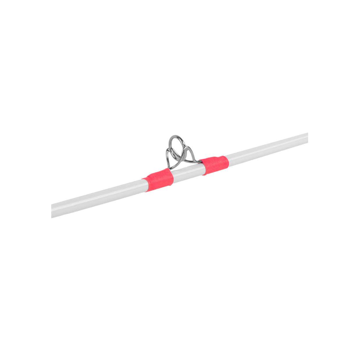 Close-up of white fishing-rod guide with pink thread wraps