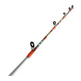 Colorful fishing rod upper section with three black line guides and silver lower shaft on white background