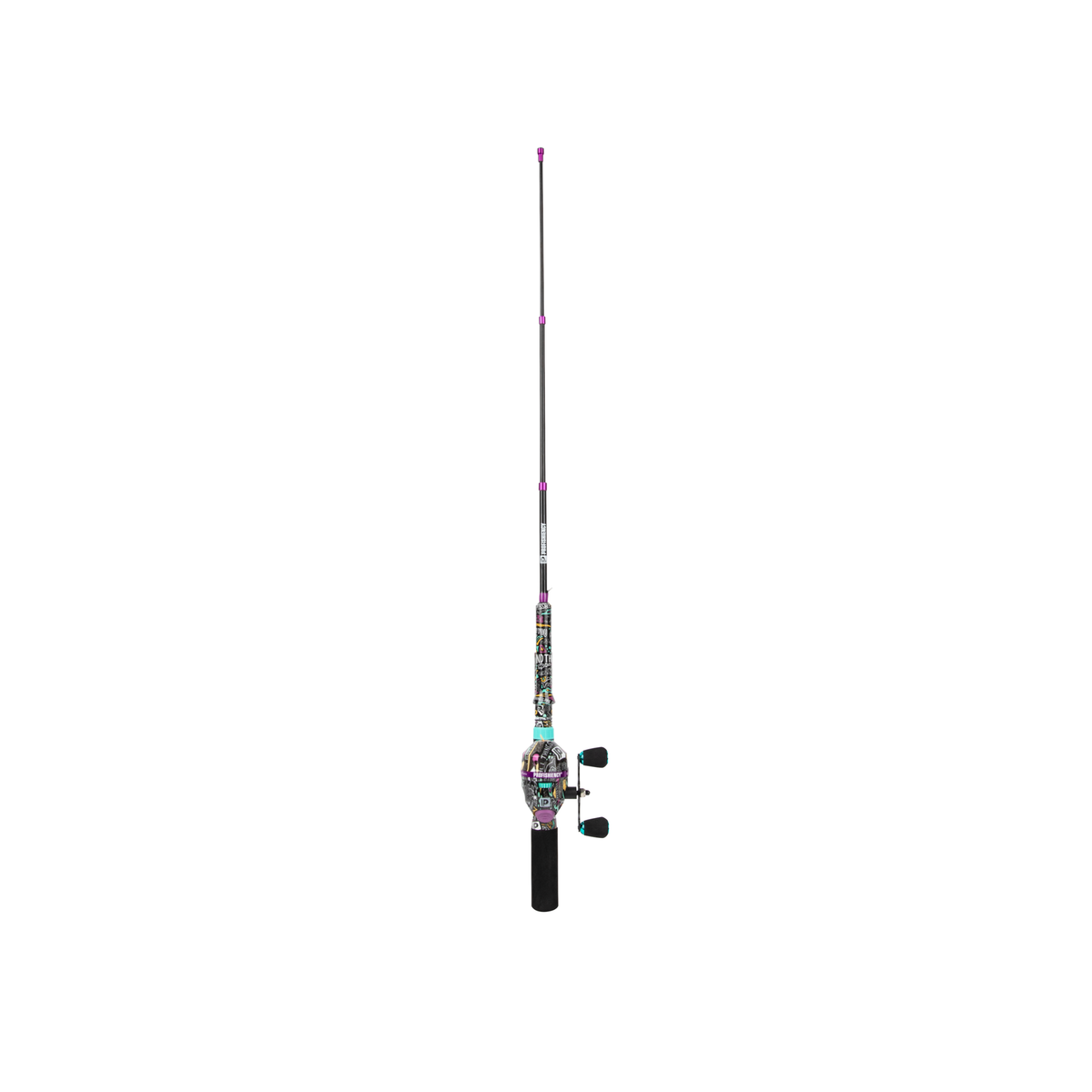 casting rod (purple/teal) with foam grip and double-paddle reel knobs
