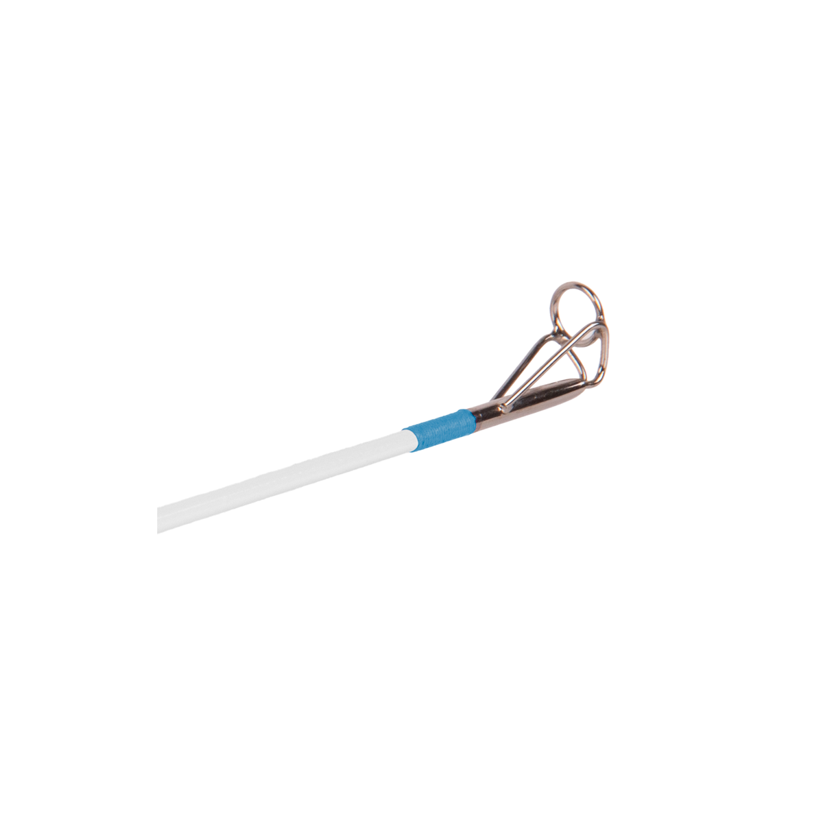 Youth fishing rod tip with white blank, blue thread-wrapped guide and metal top-eye