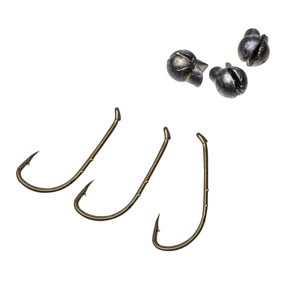 Three bronze fishing hooks and three small round sinkers arranged on white background