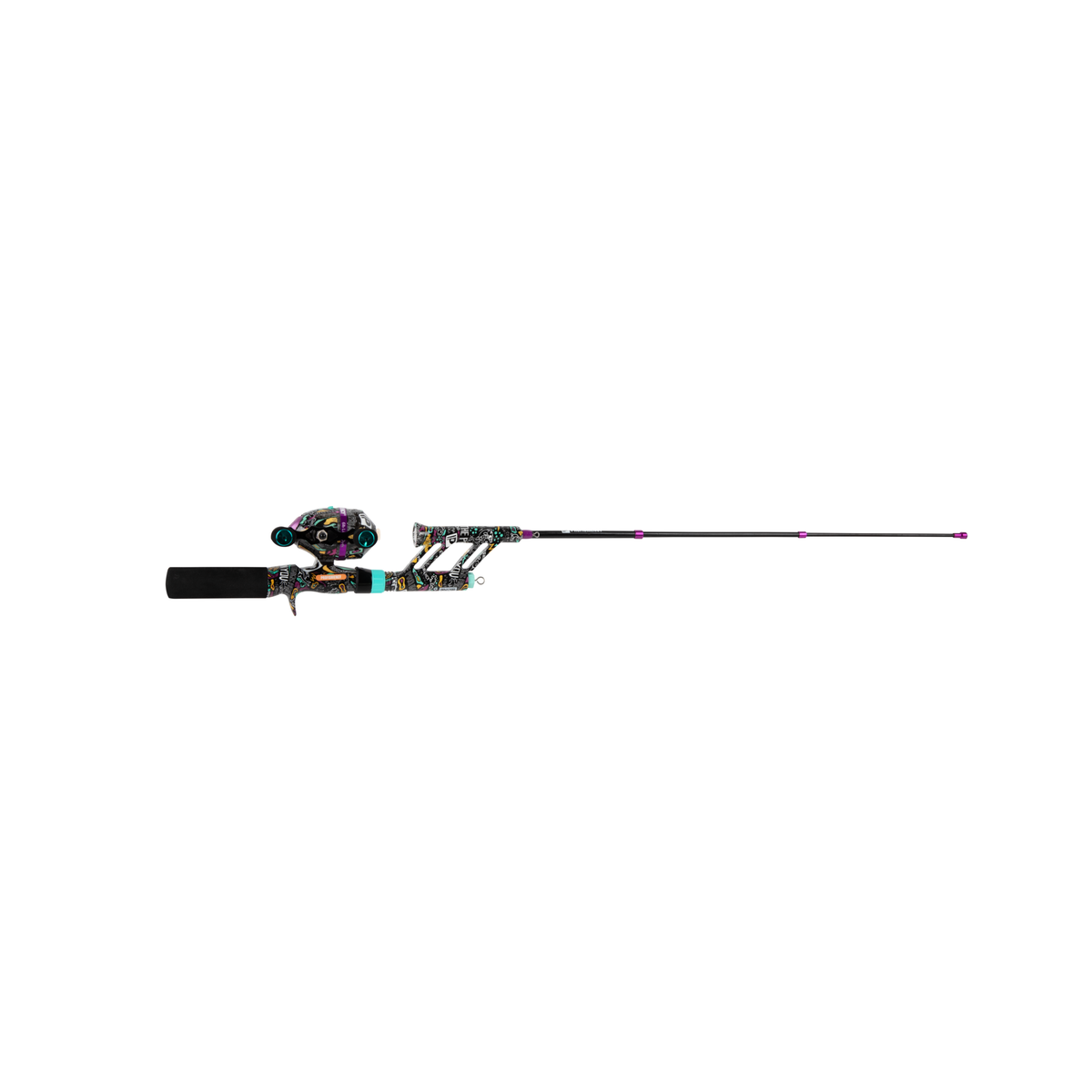 Side view of Profishiency Krazy 3 Pocket telescopic spincast combo with collapsible rod, black foam handle, graffiti finish