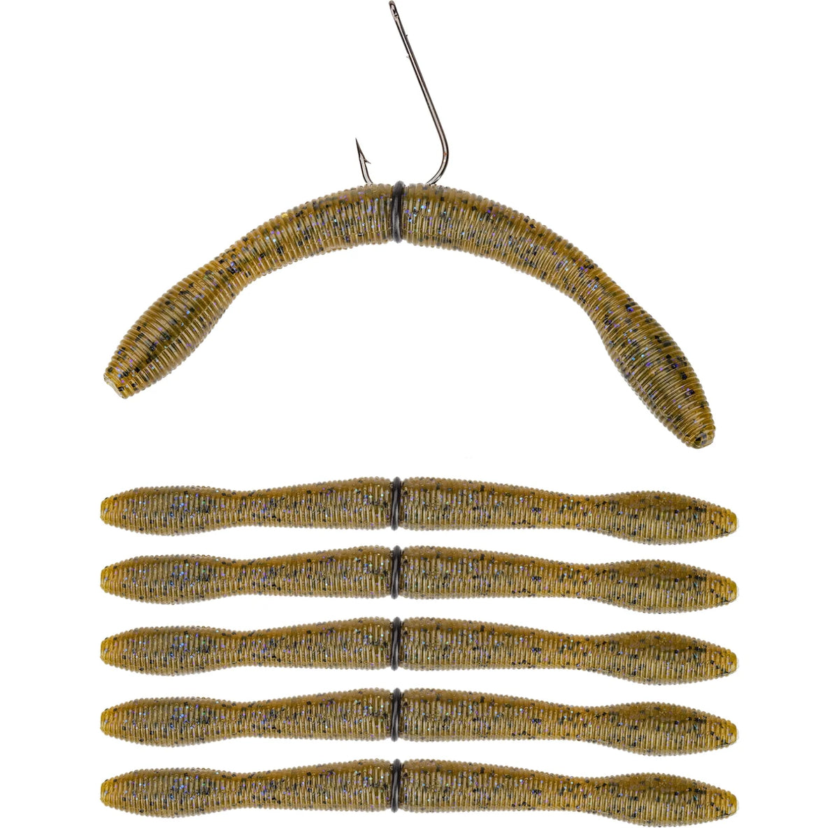 Top view of Dudley's pre-rigged bass kit showing a hooked green pumpkin goby worm and five matching unrigged worms