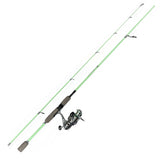 Mint green two-piece spinning fishing rod with reel and foam grips, shown diagonally on white background.