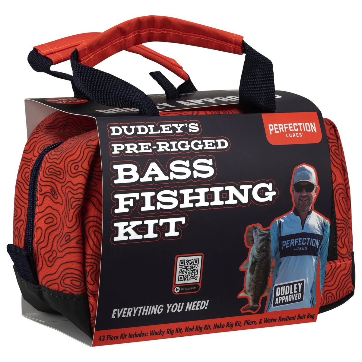 Three-quarter view of Dudley's Pre-Rigged Bass Fishing Kit in red water-resistant bait bag with Perfection Lures logo