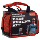 Three-quarter view of Dudley's Pre-Rigged Bass Fishing Kit in red water-resistant bait bag with Perfection Lures logo
