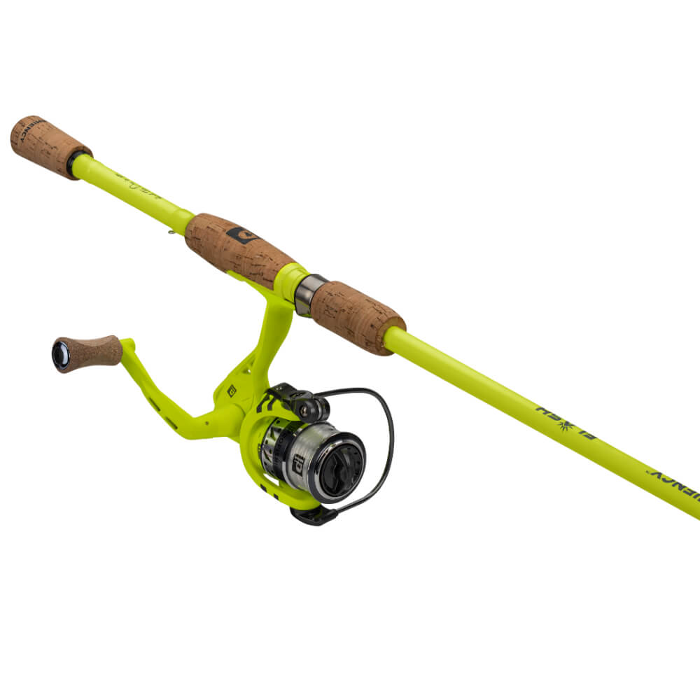 Neon yellow spinning rod and reel with cork handles and black spinning reel, shown angled on white background.