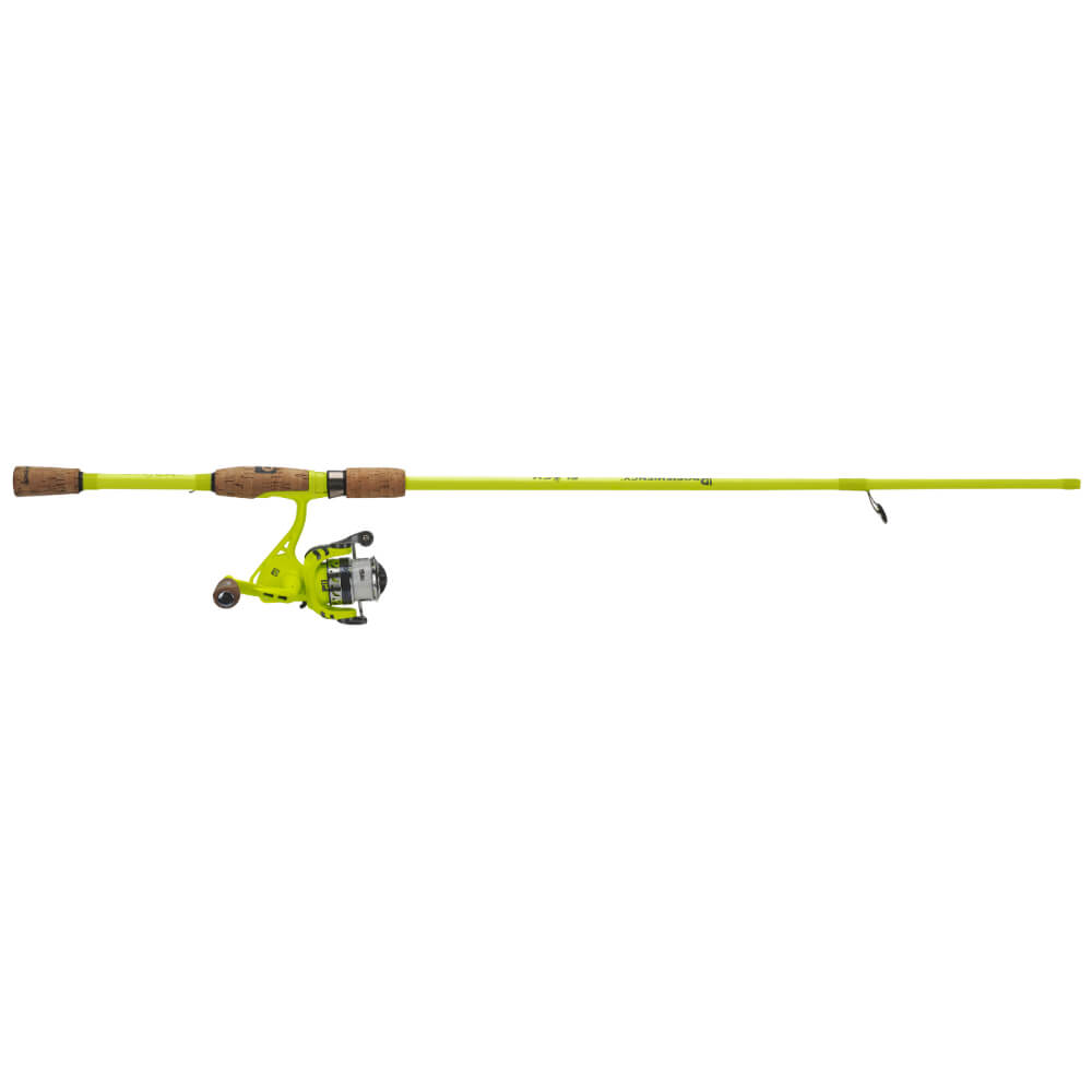 Neon yellow spinning fishing rod and reel with cork handles, side view