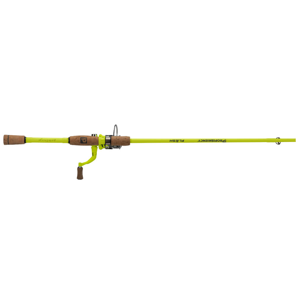 Neon yellow rod labeled PROFISHIENCY FLASH with cork grip and attached small spinning reel