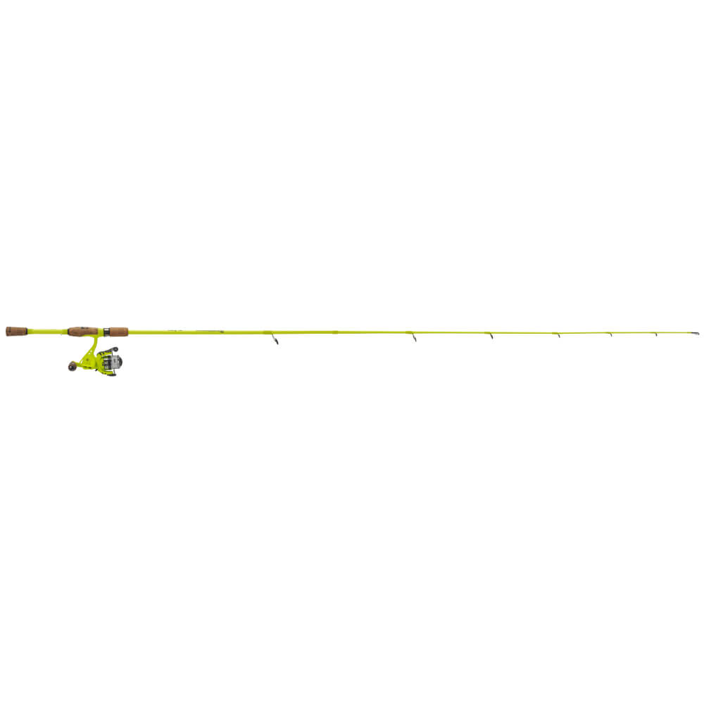 Bright chartreuse youth spinning rod with matching reel, cork handle, shown full length on white background