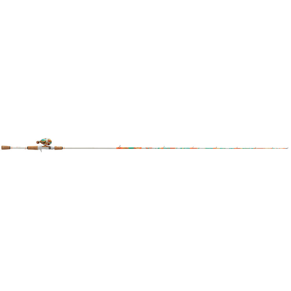 Krazy Recreational spincast fishing rod, white shaft with orange and teal pattern, cork handle and side-mounted reel