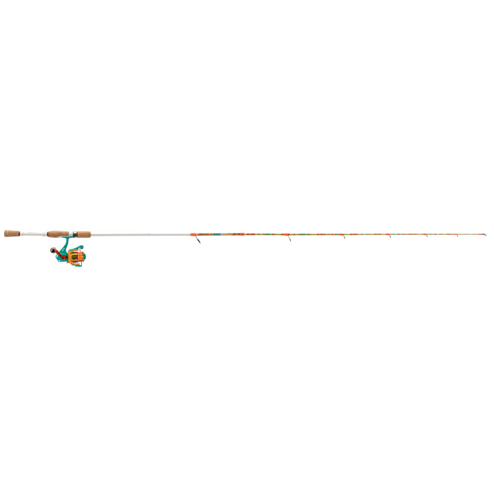 Youth spinning fishing rod with teal-orange reel and cork handle, full-length on white background